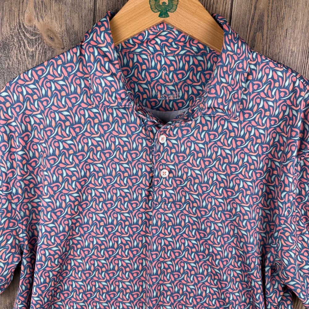 Southern Tide Mens Chili Pepper Print Performance Polo Shirt Blue Pink Large